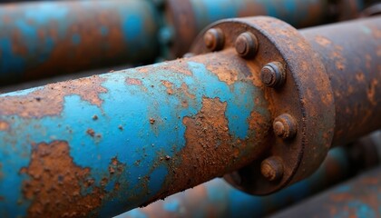 Rusty industrial steel pipe with corrosion and blue paint. Age wear on textured surface. Metal construction shows deterioration, decay. Grunge abstract detail.