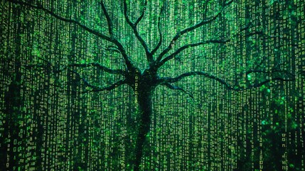Silhouette of a tree against a backdrop of falling green binary code in a digital forest scene