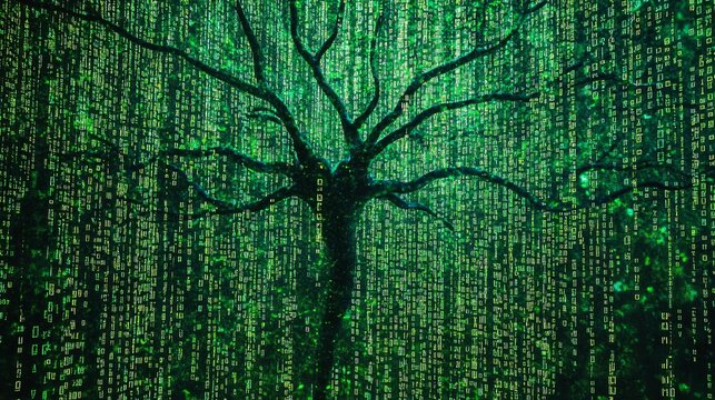 Silhouette of a tree against a backdrop of falling green binary code in a digital forest scene - Powered by Adobe
