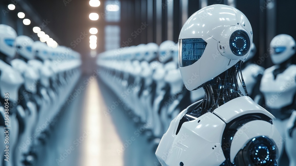 Poster a futuristic scene featuring a line of white robots with helmeted heads in a sterile environment