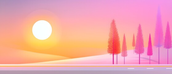 A pink sky with a sun and trees