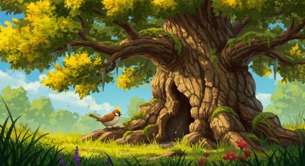 Enchanting fantasy scene featuring a majestic tree and a curious bird in nature