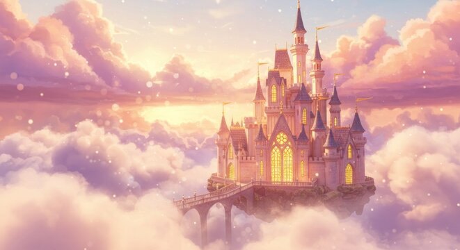 Enchanting fairytale castle floating amidst the clouds at sunset, a whimsical fantasy world