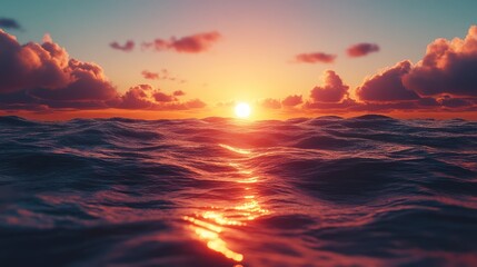 Obraz premium Majestic view of the endless ocean, warm hues of the sunset reflecting on the gently rippling surface