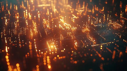 Abstract glowing circuit board pattern with bokeh effect and warm orange and yellow color scheme visible