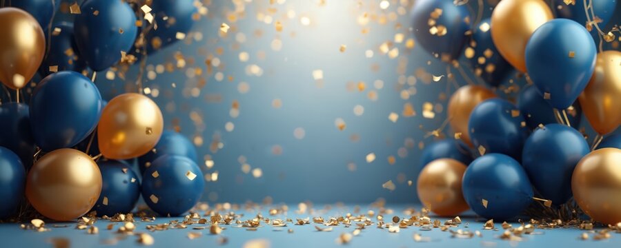 Festive corporate anniversary event with blue and gold balloons and confetti. Celebrate success at the office party. Elegant background. Digital render for business marketing and client appreciation.