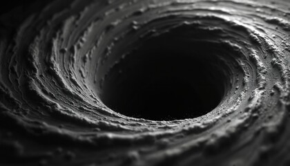 Illustration of void, black hole. Monochrome graphic, dark spiral, futuristic cosmic art. Conceptual visualization of void and waves. Ideal for science, astronomy, cosmology, tech, design projects.