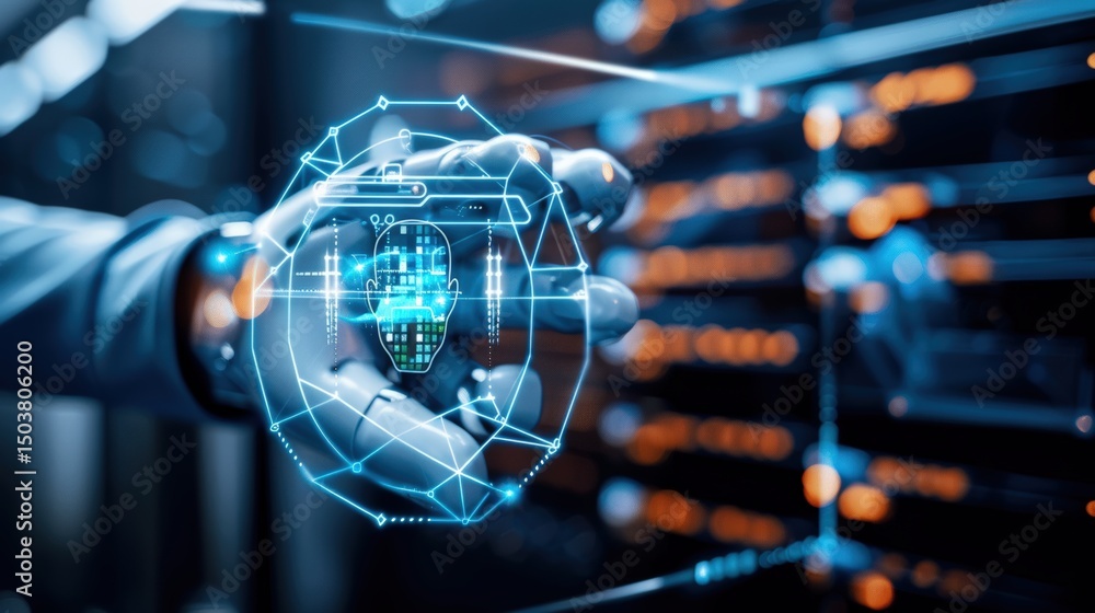 Poster innovative hand gesture technology in data security modern server room digital visualization futuris