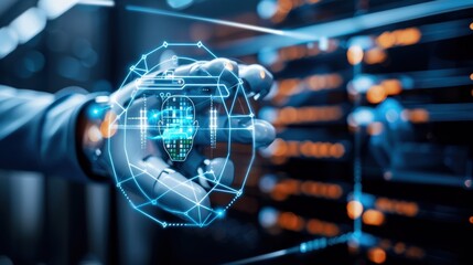 Innovative hand gesture technology in data security modern server room digital visualization futuristic environment close-up perspective