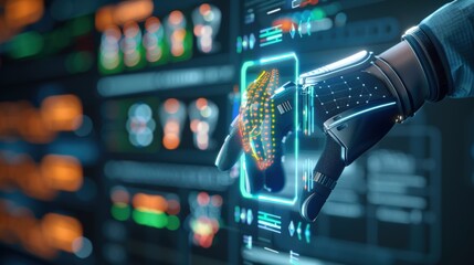 Futuristic technology interaction virtual workspace digital display high-tech environment close-up view data visualization