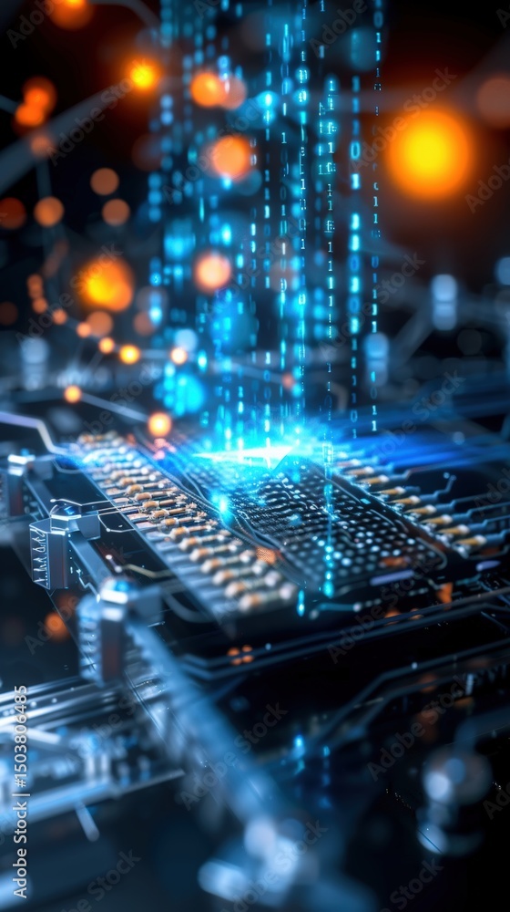 Poster digital innovation futuristic circuitry and data flow technology hub visual art high-tech environmen