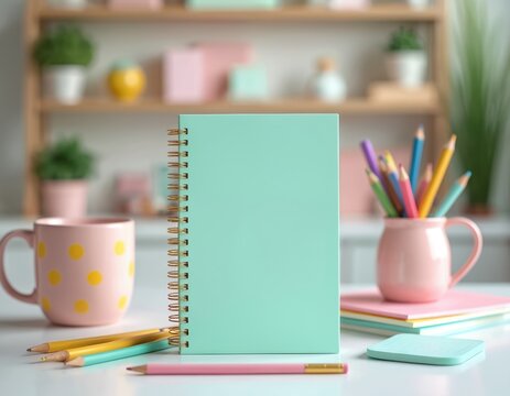 Colorful daily planner, pens, mug on desk create cozy workspace. Spiral notebook, pencils in cup, pastel colors, organised desk accessories. Home office, creative interior design, for writing,