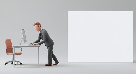Obraz premium Clay Style 3D Businessman Working with Copy Space on Right Side, Minimal Background for Banner. Generative AI