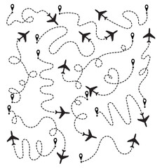 Airplane Flight Path Vector Background – Dotted Travel Route Icons