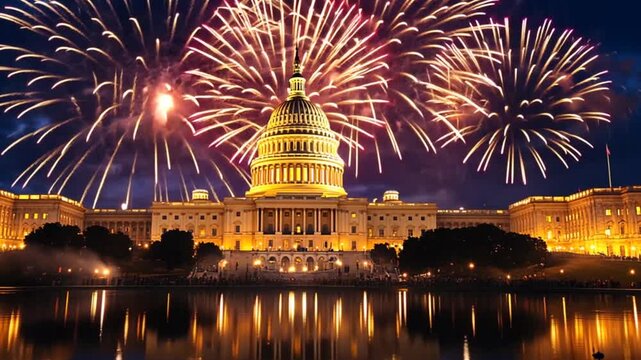 Spectacular fireworks display over the united states capitol building at night with water reflection