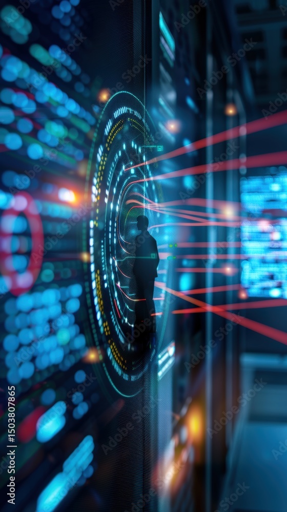 Poster data visualization action high-tech environment digital interface futuristic viewpoint conceptual an