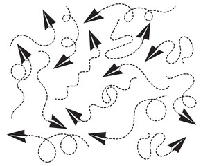 Paper Plane Path Icons – Dotted Line Flying Paper Airplane Vectors