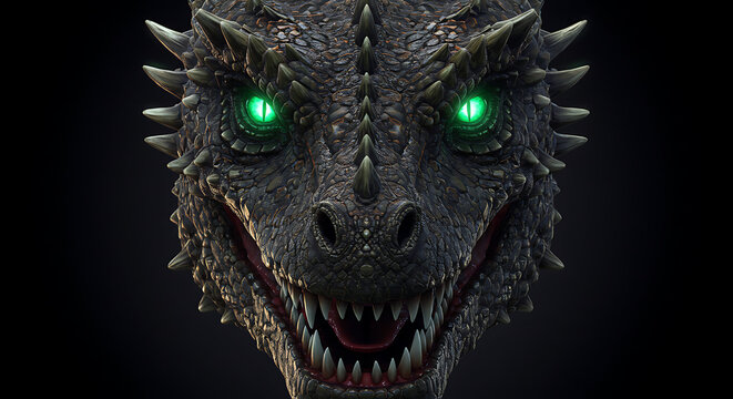 Intricate scaled dragon head with glowing emerald eyes and sharp teeth