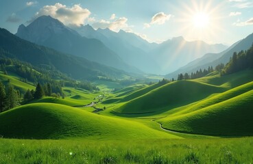 Fototapeta premium Panoramic mountain landscape scenery with vibrant green fields, sunshine spots. Sunny day background, natural wallpaper. Travel destination, tourism, vacation concept. Rolling hills, scenery, idyllic