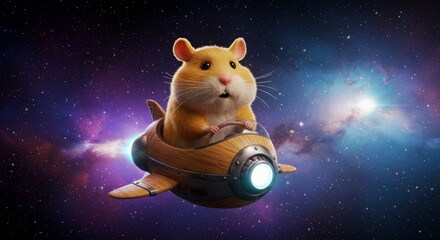 Hamster pilot explores the cosmos in vintage rocket spaceship on cosmic journey