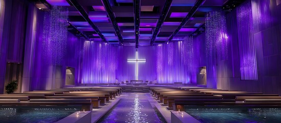 Obraz premium Sacred Silence – Empty Church Interior BackgroundGolden Cross Above the Church at DawnSpiritual Light – Church Altar with Candles Background