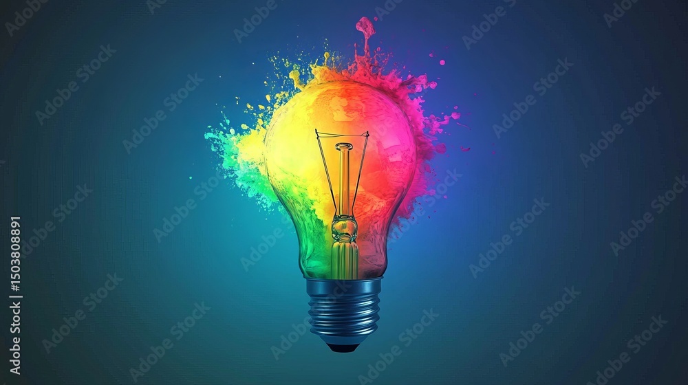 Poster a lightbulb surrounded by vibrant splashes of color on a gradient blue background in a studio shot