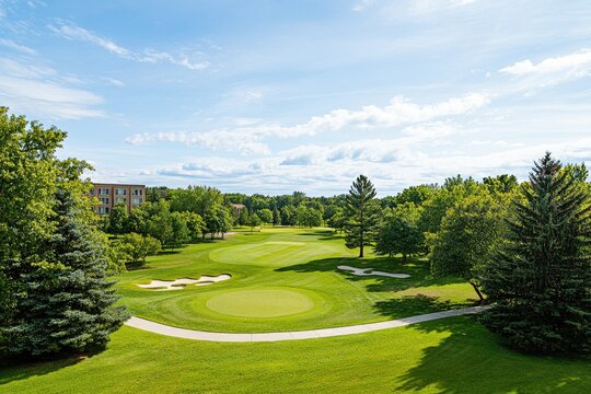 A wide-angle photo of the shore golf course at Michigan State University, shot from above looking down on the fairway and sand trap contour lines with beautiful green grass.
