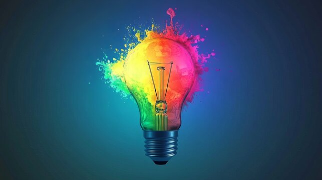 A lightbulb surrounded by vibrant splashes of color on a gradient blue background in a studio shot