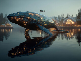 Naklejka premium a futuristic, glass-enclosed whale structure floating on a calm water surface. The structure is illuminated with warm lights, and there are other futuristic dome-shaped buildings