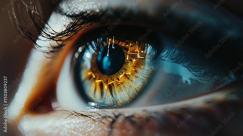 Poster close up of a human eye with digital circuit patterns reflected in the iris and pupil