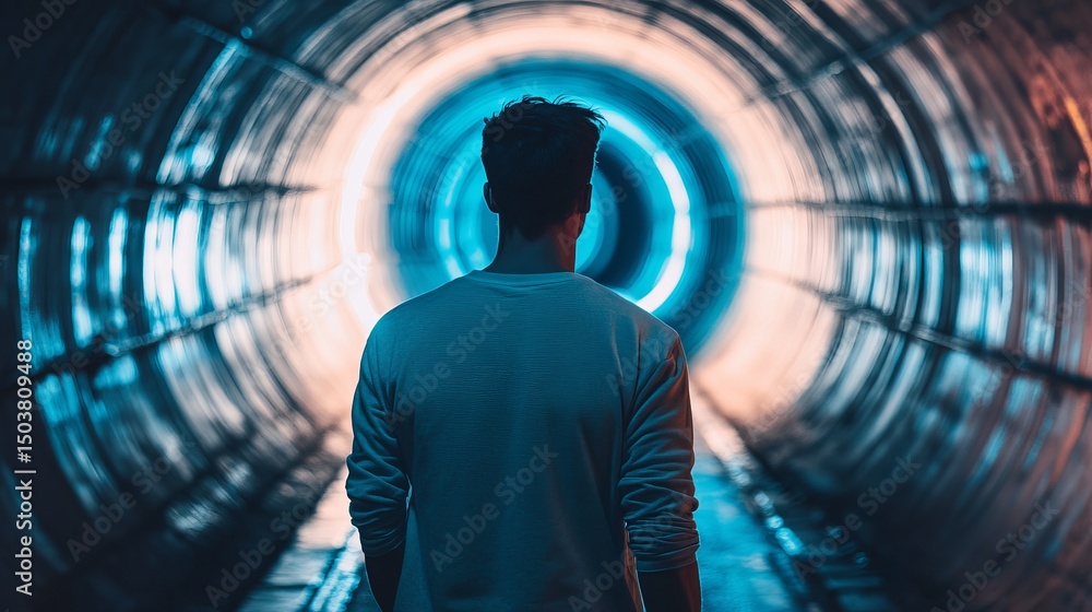 Poster man standing in a tunnel with a glowing blue light at the end looking forward to the future
