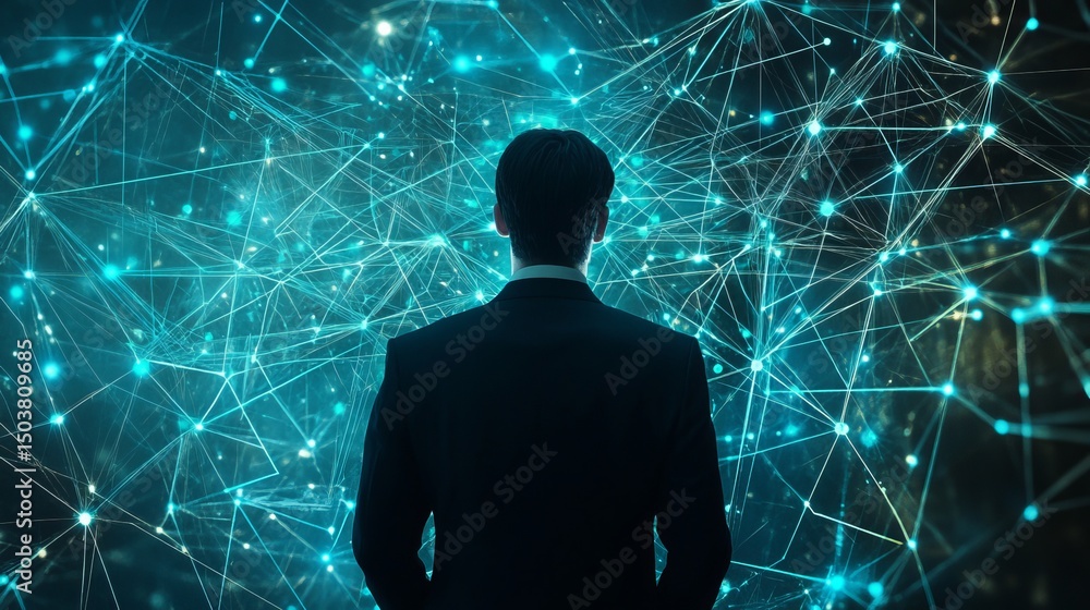 Poster a man in a suit stands facing a blue network of interconnected lines and glowing points of light