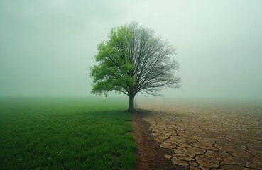 Solitary tree, half green leaves, half bare branches. Symbol of contrast, dichotomy life, death. Environmental issue, climate change, global warming, deforestation, drought. Concept idea of nature