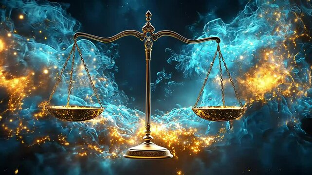 Golden scales of justice amid ethereal smoke