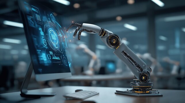 AI-enhanced robotic arm interacting with dynamic 3D business dashboards in digital workspace, embodying next-gen industrial IoT applications 