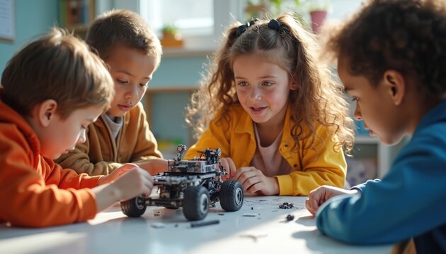 Group children builds robot STEM class. Diverse kids focused on engineering project. Robotics workshop, collaboration, STEM education. Teamwork, innovation, technology, learning concept for future