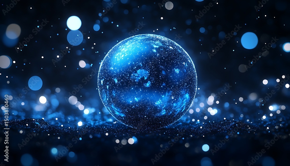 Poster abstract blue planet with particles. 3d rendering, 3d illustration.