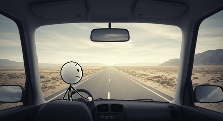 Stick figure driving through a desert landscape reflecting on life decisions