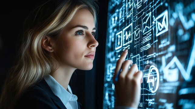 Woman interacting with a futuristic interface displaying data and graphical representations on a screen