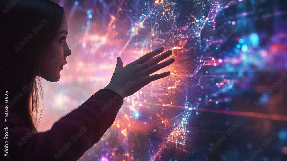 Poster woman touching an interactive display with colorful glowing abstract network visualization art