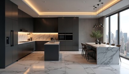 Modern, dark kitchen design with marble floor, city views. Sleek cabinets, countertop, integrated appliances. Stylish design with lighting accents, pendant lamps. Luxurious home interior.