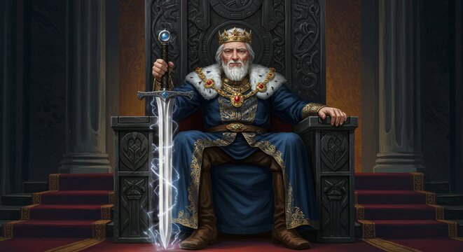 The old king with white beard sitting on a majestic throne holding sword