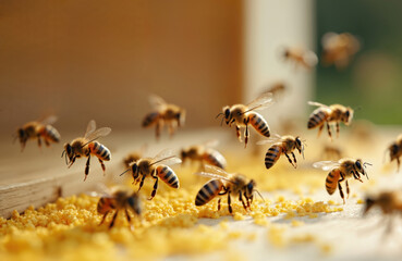 Fototapeta premium Honey bees fly, working near hive. Bees collect yellow pollen. Close-up details of insects in apiary, summer sunny days. Apiculture, pollination, honey production.