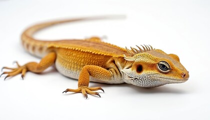 Naklejka premium Bearded dragon isolated white background. Reptile animal with detailed texture, brown scales and spiky head, showing closeup eye. Pet lizard looks at camera, detailed portrait.