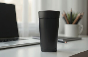 Black tumbler on white desk, with laptop, pencils, notepad in soft focus background. Modern thermal flask design. Ideal for branding mockup. Perfect for travel drink beverage, cold hot liquid.
