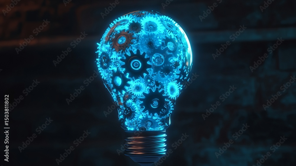 Poster a glowing lightbulb filled with gears and cogs illuminated in a dark and mysterious environment