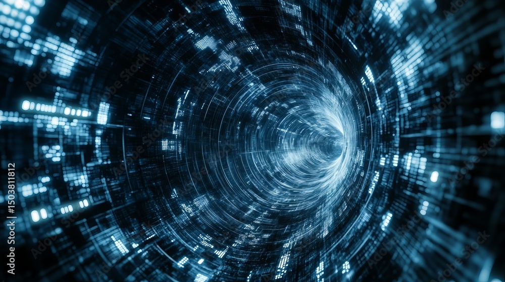 Poster abstract digital tunnel with glowing blue lights and intricate geometric patterns in a futuristic de