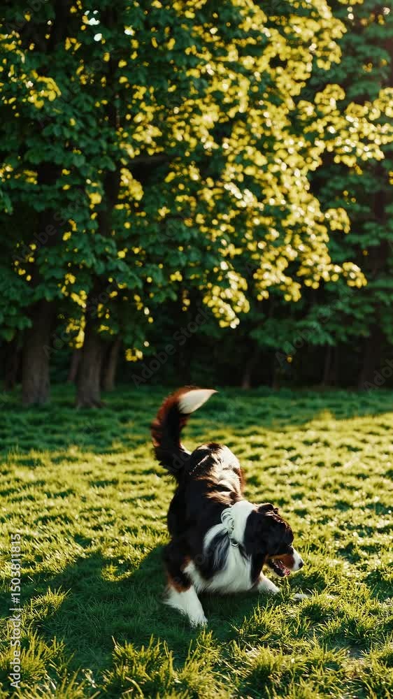 Poster a playful dog in a sunlit park, captured from a low-angle, creating a lively and dynamic video scene