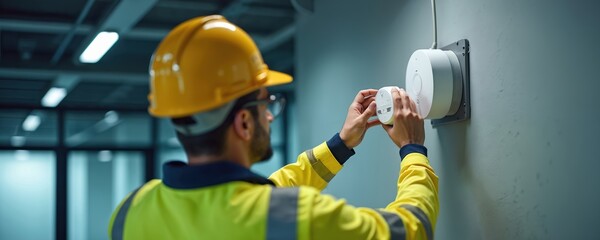 Worker installs modern fire alarm system. Safety during construction, maintenance. Pro male technician in uniform installs smoke detector on wall. Commercial building, technology for emergency, fire