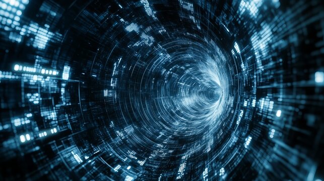 Abstract digital tunnel with glowing blue lights and intricate geometric patterns in a futuristic design - Powered by Adobe